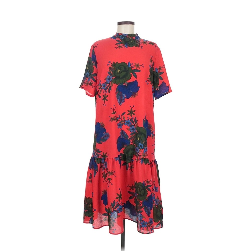 JACQUELINE de YONG Red Floral‎ Mock Neck Tiered Hem Midi Dress Sz 38 Drop Waist